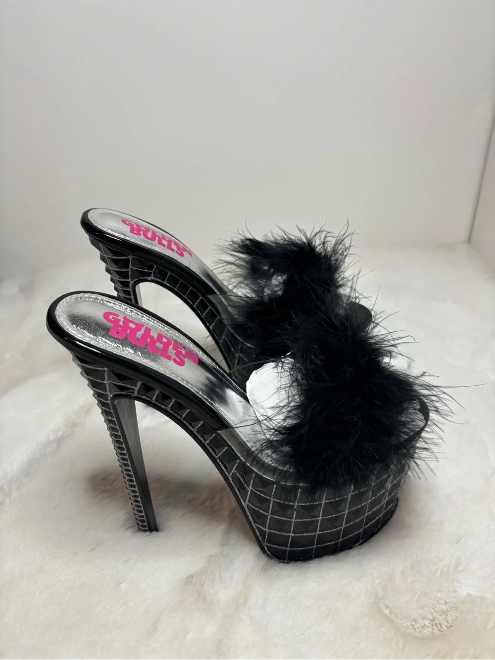 Black Feather Platform Mules with Plush Strap - Picture 1 of 4